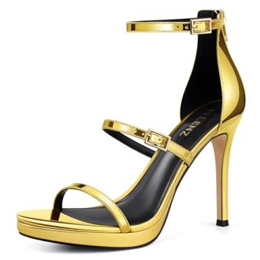 Imagem de CELLENZ Salto alto feminino stiletto: salto alto confortável de 10 cm festa de formatura casamento, salto plataforma peep toe, preto branco prata ouro sandálias de salto com tiras, Ouro envernizado 02