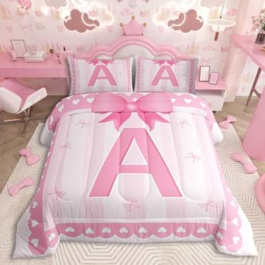Imagem de jejeloiu Conjunto de cama infantil com laço rosa, tamanho solteiro, com laço para meninas, edredom ultramacio com letra A, nó de borboleta, princesa, decoração de quarto