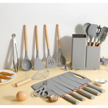 Imagem de Utensilios para Cozinha Silicone Kit com 19 Peças Cabo Madeira Conjunto Completo Espátula Concha Colher Jogo Suporte Faca Antiaderente Tabua Tesoura Faqueiro (CINZA)