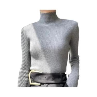 Imagem de Suéter Feminino De Tricô Grosso Sólido Com Gola Alta Estilo Harajuku C