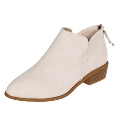 Imagem de BANGTEUO Botas femininas com recorte em V, salto empilhado, cano baixo, camurça sintética, confortável, zíper nas costas, bico fino, salto baixo, botas curtas ocidentais, outono, inverno, vestido com