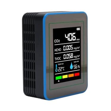 Imagem de WALFRONT Detector Digital de Qualidade do Ar Interno 5 Em 1 CO2 HCHO TVOC Temperatura Umidade Analisador de Ar Recarregável (Preto e Azul)