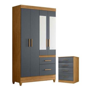 Imagem de Guarda Roupa Solteiro Madri Com Espelho E Cômoda Ms913 Freijó Cinza - 