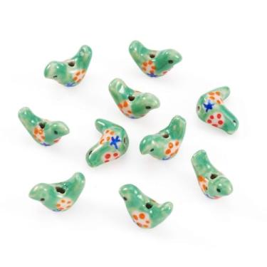 Imagem de Elecrelive 10 peças contas de cerâmica verde mar pássaro pintado animal porcelana espaçador contas coloridas desenhos animados pombos pingentes para pulseiras DIY brinco colar joias
