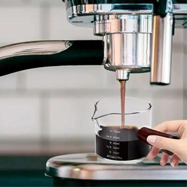 Imagem de Copo Medidor Barista Vidro Borossilicato 75ml ou 120ml Alça Madeira Ca