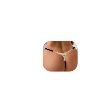 Imagem de Calcinha tanga sexy de malha, joia corporal, para mulheres, com strass, corrente na cintura, tanga fio dental, biquíni, roupa de banho, Ouro, M
