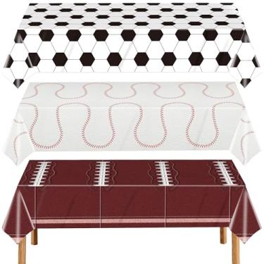Imagem de CUUSNNY Pacote com 3 toalhas de mesa de aniversário com tema esportivo, futebol, futebol, retangular, descartáveis, capas de mesa de plástico para decoração de festa, 137 x 272 cm