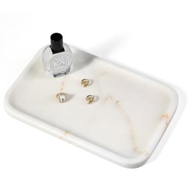 Imagem de Koville Bandeja organizadora de mármore de 30,5 x 20,3 cm para cômoda de cozinha de bancada, banheiro e cozinha, prato de joias decorativo retangular para bugigangas de perfume de cosméticos (branca)