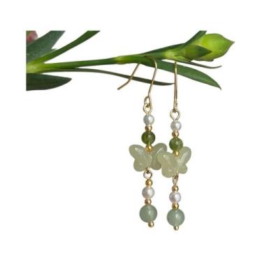 Imagem de Retro verde vidro borboleta pérola flor brincos étnicos moda jóias par