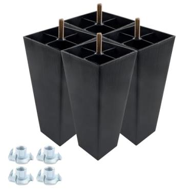 Imagem de Zorveiio Pernas de plástico para móveis de 20 cm, pés pretos quadrados afunilados para sofá, cadeira de sofá, pés de substituição com parafusos de suspensão M8 e porcas em T (conjunto de 4)