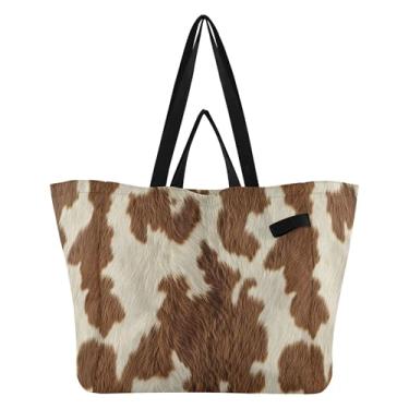 Imagem de SEHANY Sacolas de compras reutilizáveis com estampa de vaca marrom e branca com alças reforçadas, bolsa de compras de lona dobrável à prova d'água de grande capacidade para viagem, cozinha, praia