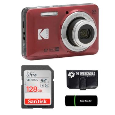 Imagem de Câmera digital Kodak PIXPRO FZ55 vermelha de 16 MP, zoom óptico de 5x, ângulo amplo de 28 mm, 1080p, câmera LCD Full HD de 2,7 polegadas + cartão e leitor de 128 GB + carteira de memória