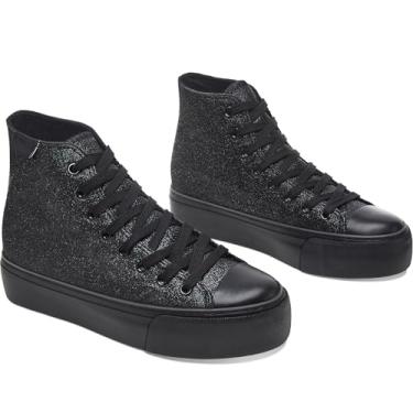 Imagem de ALTOCIS Tênis feminino de cano alto com glitter, plataforma de cano médio, com lantejoulas brilhantes, lindos e brilhantes, plataforma, sapatos de caminhada, Todo preto com glitter, 38