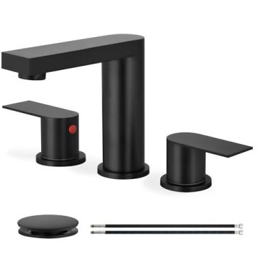 Imagem de Cinwiny Torneira de banheiro 3 furos, torneira de pia de banheiro de 20 cm com drenagem pop-up e linhas de suprimento, aço inoxidável 2 alças para penteadeira, lavatório, banheiro, comercial, preto