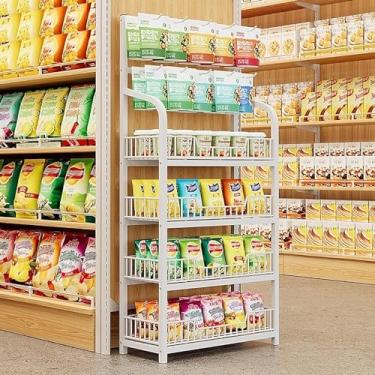 Imagem de Prateleira de lanche de aço para despensa doméstica e exibição de varejo, organizador de bolsa de 4 camadas com guardrail, branca (50 cm/19,7 pol) - ideal para supermercados e teatros