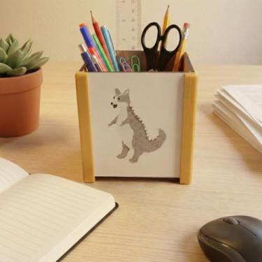 Imagem de Porta-lápis de Mesa com Animais, Design Corginossauro Rex e Amigos, Organizador de Escritório em MDF com Moldura plástica (Verde)