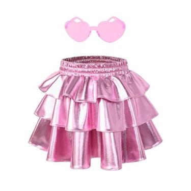 Imagem de Falda metálica con cintura elástica y volantes rosa para niñas de 6 a 