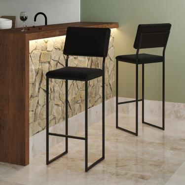 Imagem de Banqueta Alta com Encosto Nina Industrial para Cozinha Bar Bancada Assento Corino - Preto/preto