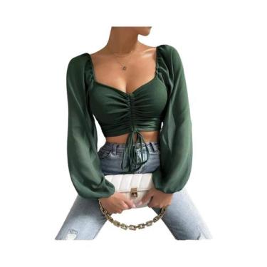Imagem de Blusa Feminina Cropped De Malha Canelada Com Decote Plung, Manga Trans
