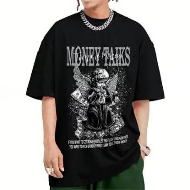 Imagem de Camiseta basica streetwear em algodão angel money takes time vintage unissex-Masculino
