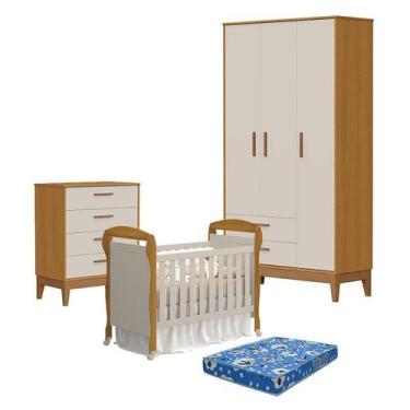 Imagem de Quarto de Bebê 3 Portas com Cômoda Gaveteiro Flip e Berço Americano Da