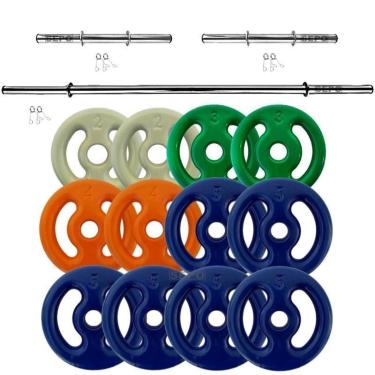 Imagem de Kit com 48kg em Anilhas Emborrachadas + 2 Barras Tubo 40cm + 1 Barra Tubo 1,20m-Unissex