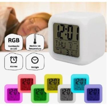 Imagem de Relógio Despertador Digital Formato Cubo - 7 Cores Led - Coisaria