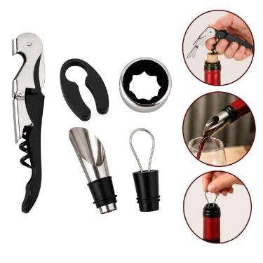 Imagem de Kit Acessórios para Vinho Sommelier Profissional Inox 5 Peças com Saca-Rolhas e Cortador de Lacre e Dosador Anti Gotas