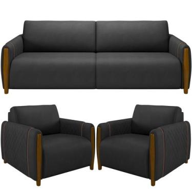 Imagem de Kit Sofá 2 Lugares Sala Estar 168cm Com 02 Poltronas Flora Pés Madeira