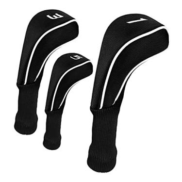 Imagem de Fancyes 3 peças/conjunto de capas para tacos de golfe Driver 1 3 5 Woods capa com etiquetas pescoço, PRETO