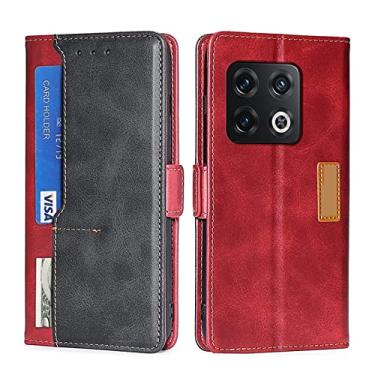 Imagem de Capa carteira para Oneplus 10 Pro, capa flip de couro PU com compartimentos para cartão Kickstand e fivela magnética à prova de choque TPU capa protetora fina e elegante, vermelha