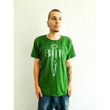 Imagem de Camiseta Masculina Verde Because He Lives Fé Cristã Coroa - Faith