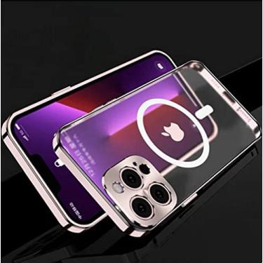 Imagem de Capa magnética de metal para iphone 12 13 pro max mini capa com lente filme liga moldura de alumínio capa de telefone rosa, para iphone 12 pro