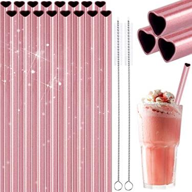 Imagem de NiHome Canudos reutilizáveis, pacote com 16, canudos de aço inoxidável, volume de canudo de metal em forma de coração com 2 escovas de limpeza para smoothies, copos de coquetel, Milkshake, rosa pérola