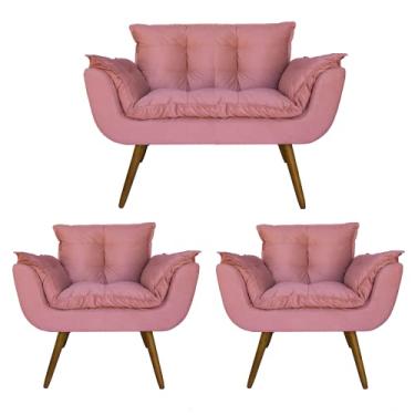 Imagem de Combo Namoradeira e 2 Poltronas Estofadas Salão de Beleza Opala Suede Rosa - LM DECOR