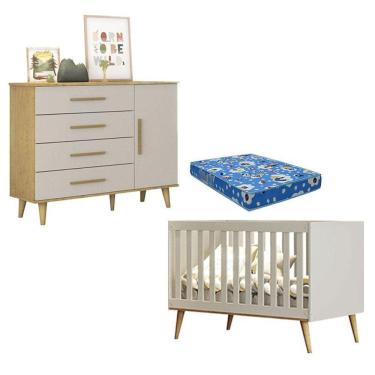 Imagem de Berço Americano e Cômoda Infantil Ludmila Off White Bétula com Colchão Ortobom - Carolina Baby