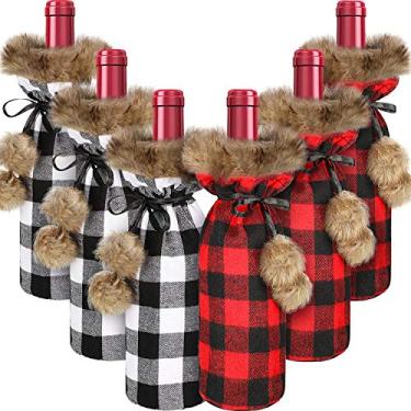 Imagem de Suporte para garrafa de vinho xadrez de búfalo, 6 pacotes, suporte para garrafa de vinho xadrez, suéter, pele sintética, sacos para garrafa de vinho para decoração de festa de natal