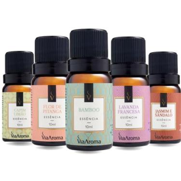 Imagem de Essências Para Aromatizador Difusor Elétrico Via Aroma 10ml Kit com 5 Unidades (Lavanda Francesa,Jasmim e Sandalo,Bamboo,Flor de Pitanga,Capim L)