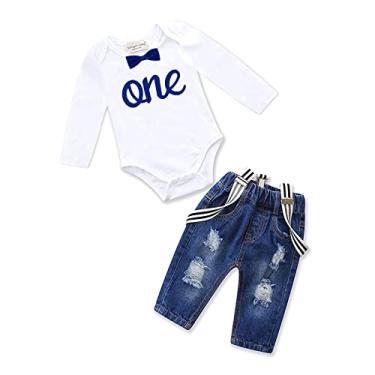 Imagem de Conjunto de roupas infantis para bebês meninos, com gravata borboleta, suspensórios, calças jeans rasgadas, 1º aniversário - 3 - longo, 6-12 Meses