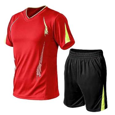 Imagem de Conjunto curto masculino de gola redonda, cor sólida, terno de camisa polo de secagem rápida, roupa de 2 peças, Vermelho, Small