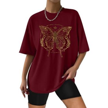 Imagem de KIDDAD Camisetas femininas fashion com estampa de borboleta, gola redonda, manga curta, casual, fofa, Estampa de borboleta vermelha, GG