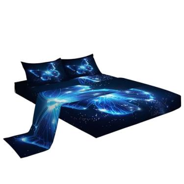 Imagem de Eojctoy Jogo de lençol King - Lençóis de cama respiráveis ultra macios - Lençóis escovados de luxo com bolso profundo - microfibra azul borboleta padrão de roupa de cama enrugado, cinza escuro