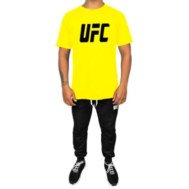 Imagem de Kit Conjunto Masculino Camiseta Algodão e Calça Moletom Casual Estampado UFC (Amarelo, P)