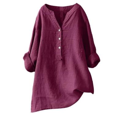 Imagem de Camisetas de linho para mulheres, cor sólida, manga comprida, blusas Henley folgadas, roupas casuais de verão, Vinho, XXG