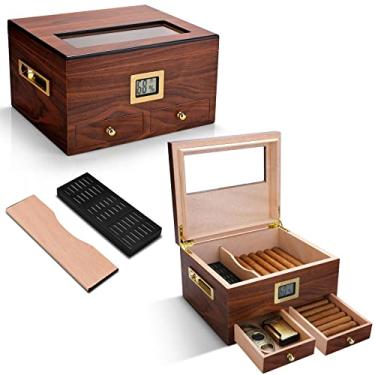 Imagem de CIGARMALL Umidificador de charuto com higrômetro frontal, madeira de cedro espanhol, 2 gavetas, tampa de vidro, caixa de armazenamento de mesa de grande capacidade para 35-50 charutos, marrom