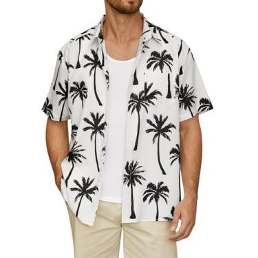 Imagem de Hardaddy Camisa masculina havaiana manga curta praia tropical casual abotoada, Preto, branco, P