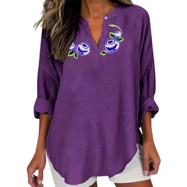 Imagem de Camiseta feminina de conscientização de Alzheimers para o verão, casual, de linho, roxa, floral, estampada, manga comprida, gola V, Roxa, G