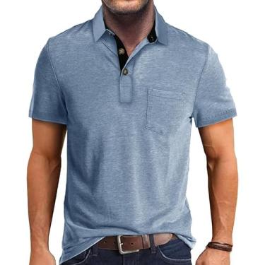 Imagem de Camisa polo masculina atlética de manga curta casual com absorção de umidade camisetas de golfe com colarinho e bolso, Azul, GG