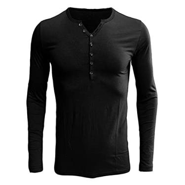 Imagem de AQQYA Camiseta masculina Henley manga longa botão algodão leve slim fit pulôver camiseta, Preto, M