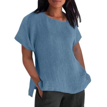 Imagem de Camisas femininas com botões, manga curta, algodão, linho, boho, leve, túnica, gola redonda, blusa casual para trabalho, Azul, M